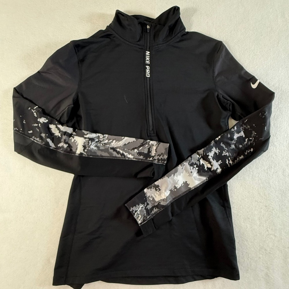 Nike Pro Hyperwarm 1/4 Zip Womens Large Fitted Camo Black Performance Pullover